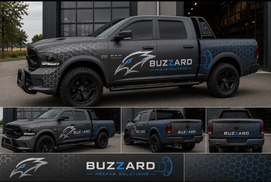 Bedrijfswagen van Buzzard Prefab Solutions met logo en belettering